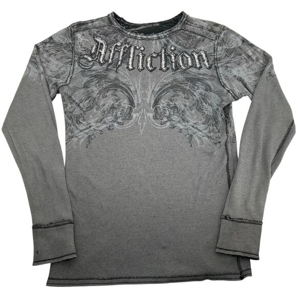 VTG y2k Men's Reversible Affliction Thermal Waffle Knit Long Sleeve Shirt Sz L - Picture 1 of 10